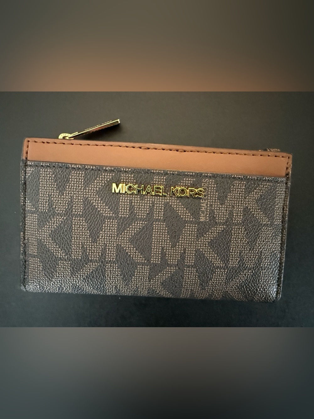 Michael Kors Brown Logo Zip-Around Wallet with Gold Hardware
